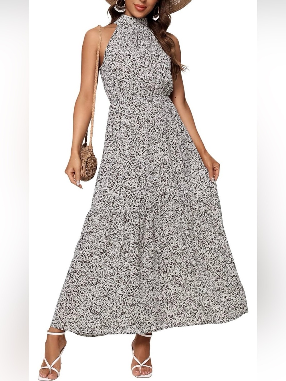 Floral Halter Maxi Dress in White and Black